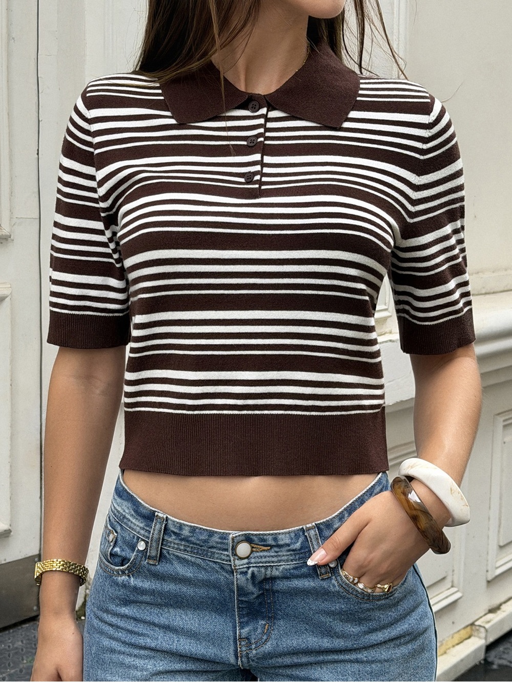 Striped Polo Cropped Knit Top - Picture 2 of 7